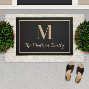 Elegant Black Tan Monogram Family Name Doormat