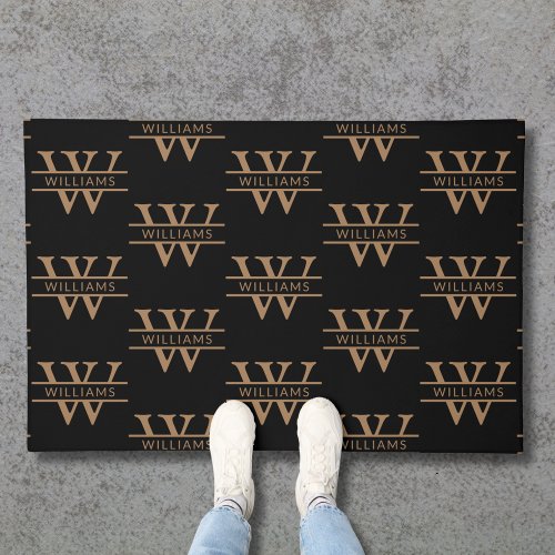 Elegant Black Tan Monogram Initial Pattern Custom Doormat