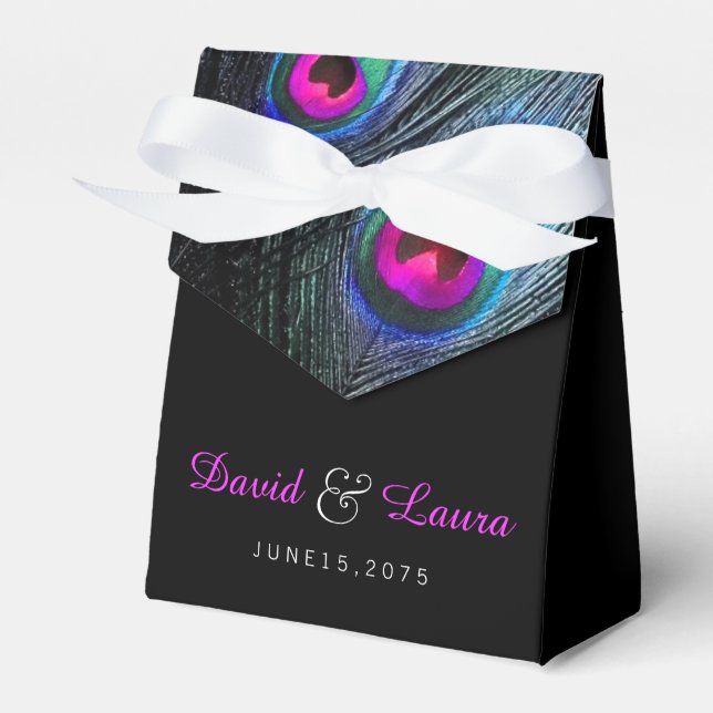 Elegant Black Teal and Hot Pink Peacock Wedding Favor Boxes (Front Side)