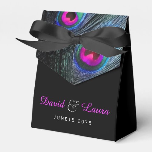 Elegant Black Teal and Hot Pink Peacock Wedding Favor Boxes