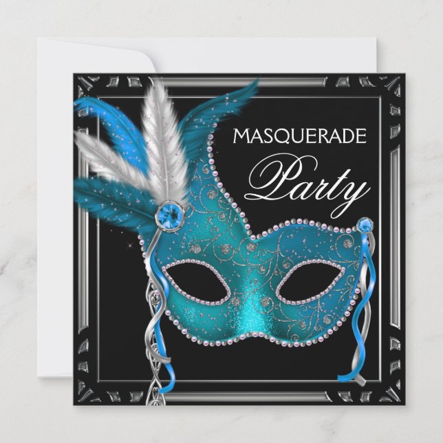 Elegant Black Teal Blue Masquerade Party Invitation (Front)