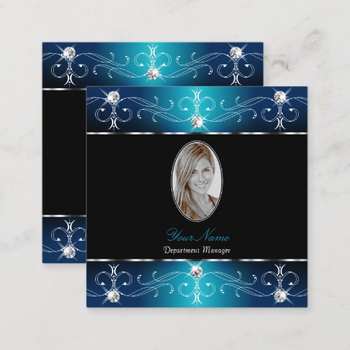 Elegant Black Teal Blue Ornate Ornaments Add Photo Square Business Card