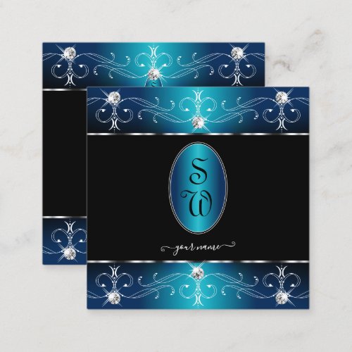 Elegant Black Teal Blue Ornate Ornaments Initials Square Business Card