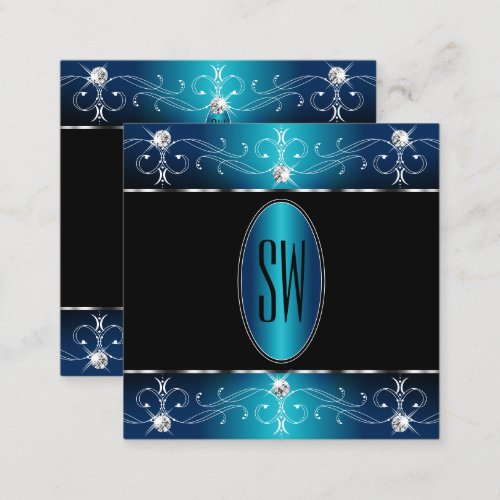 Elegant Black Teal Blue Ornate Ornaments Monogram Square Business Card