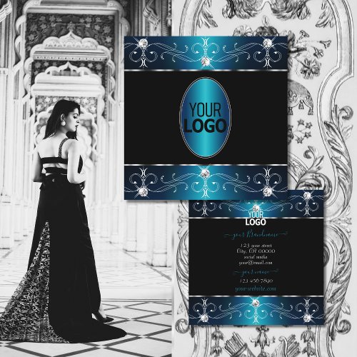 Elegant Black Teal Blue Ornate Ornaments with Logo Square Business Card