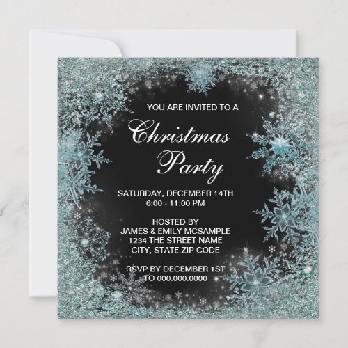 Elegant Black Teal Blue Snowflake Christmas Party Invitation