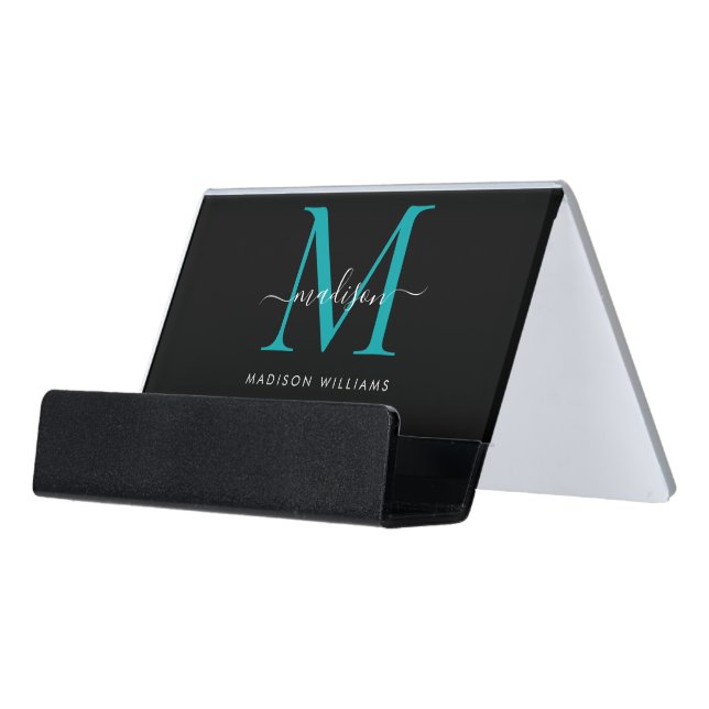 Elegant Black Teal Green Chic Monogram Script Name Desk Business Card Holder (Angled Front)