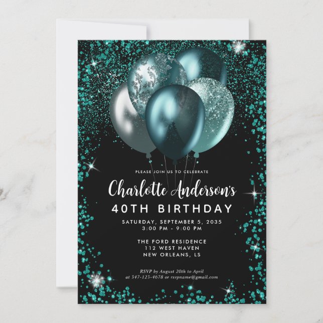Elegant Black Teal Green Glitter Balloon Birthday Invitation (Front)