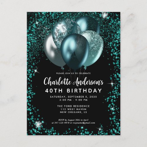 Elegant Black Teal Green Glitter Balloon Birthday Postcard