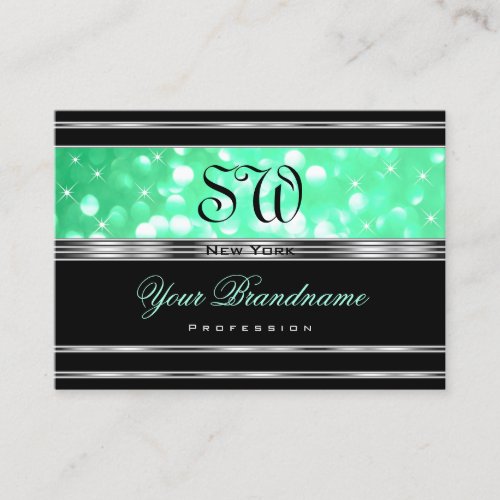 Elegant Black Teal Green Glitter Monogram Silver Business Card