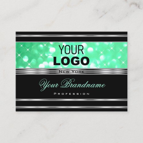 Elegant Black Teal Green Glitter Stars Logo Silver Business Card
