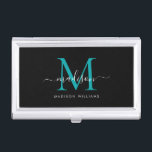 Elegant Black Teal Green Monogram Chic Script Name Business Card Case<br><div class="desc">Elegant Black Teal Green Monogram Girly Script Name Business Card Case</div>