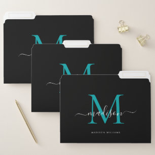 Elegant Black Teal Green Monogram Script Name File Folder