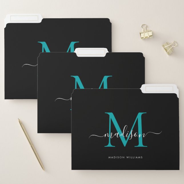 Elegant Black Teal Green Monogram Script Name File Folder (Set)