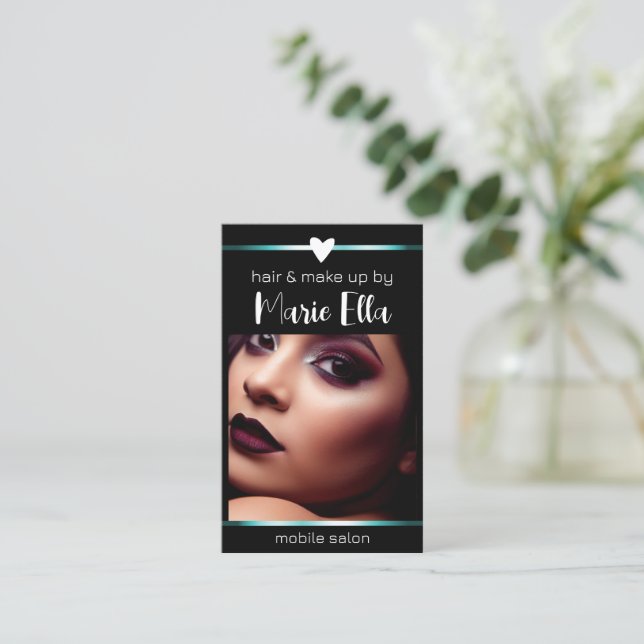 Elegant Black Teal Lines Photo QR Code Template  Business Card (Standing Front)