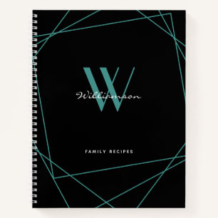 Elegant Black Teal Monogram Name Family Recipe Notebook