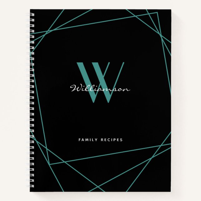 Elegant Black Teal Monogram Name Family Recipe Notebook (Front)