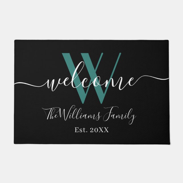 Elegant Black Teal Monogram Name Script Wedding Doormat (Front)