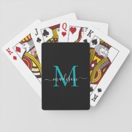 Elegant Black Teal Monogram Stylish Script Name Playing Cards
