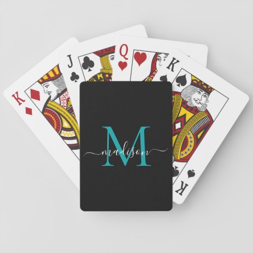 Elegant Black Teal Monogram Stylish Script Name Playing Cards