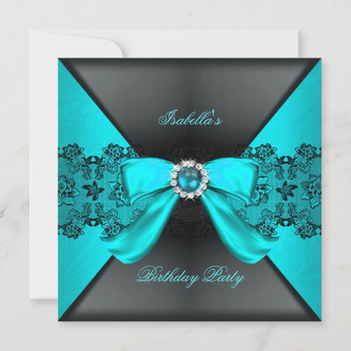 Elegant Black Teal Pearl Bow Birthday Party Invitation