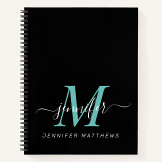 Elegant Black Teal Personalized Monogram Name Notebook