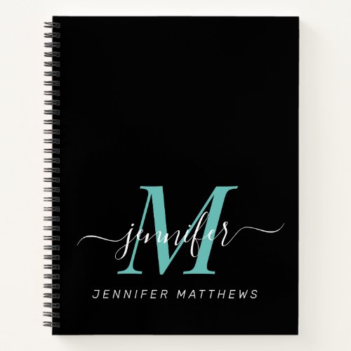 Elegant Black Teal Personalized Monogram Name Notebook