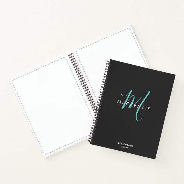 Elegant Black Teal Script Monogram Sketchbook Notebook (Inside)