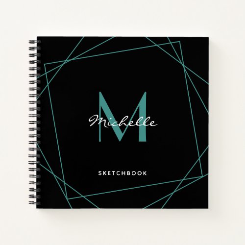Elegant Black Teal Stripe Sketchbook Monogram Name Notebook