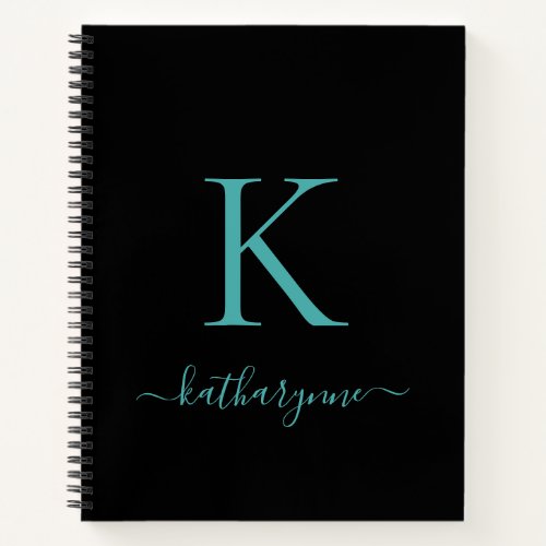 Elegant Black Teal Turquoise Monogram Name Notebook