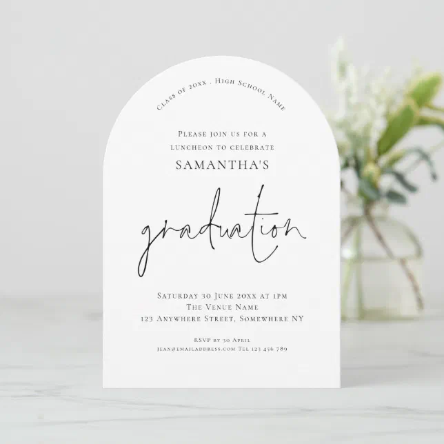 Grad Lunch Invite Elegant Black Text Grad Luncheon Graduation Arch Invitation | Zazzle