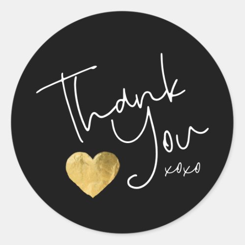 Elegant Black Thank You Gold Heart Hand Written Classic Round Sticker
