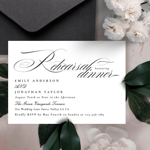 Elegant Black Tie Calligraphy Rehearsal Dinner Enclosure Card