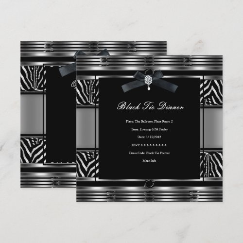 Elegant Black Tie Dinner Zebra Silver black Custom Announcements