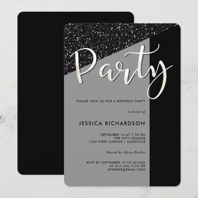 Elegant Black Tie | Glitter Look Party Invitation (Front/Back)
