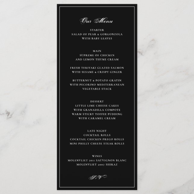 Elegant Black Tie Wedding Menu (Front)