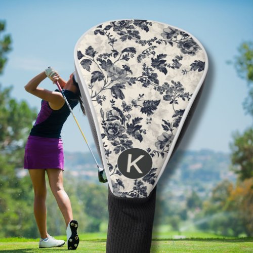 Elegant Black Toile Floral Pattern Monogram Golf Head Cover