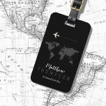 Elegant black travel luggage tag<br><div class="desc">Nice and personalized black and white luggage-tag with the map of world and an airplane. A luggage tag with a name is important for several practical reasons when traveling. Firstly, it serves as a quick and easy way to identify your luggage among the sea of similar bags at airports, bus...</div>