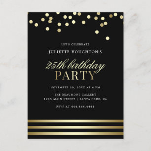 Elegant Black Trendy Confetti Glossy Birthday Invitation Postcard