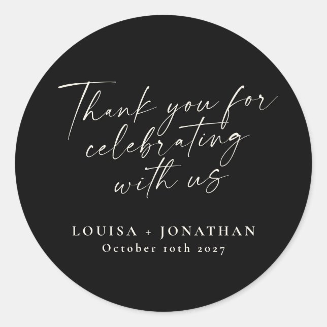 Elegant Black Trendy Script Personalized Thank You Classic Round Sticker (Front)