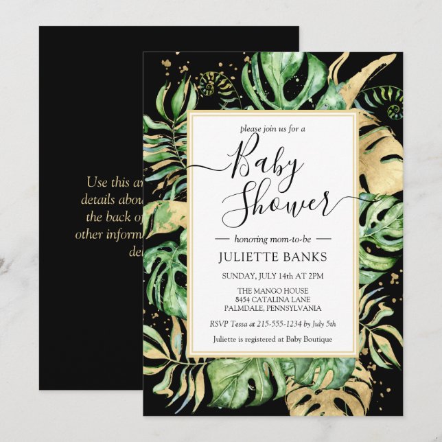 Elegant Black Tropical Gender Neutral Baby Shower Invitation (Front/Back)