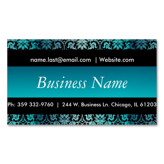 Elegant Black & Turquoise Damask Design Magnetic Business Card (Front)