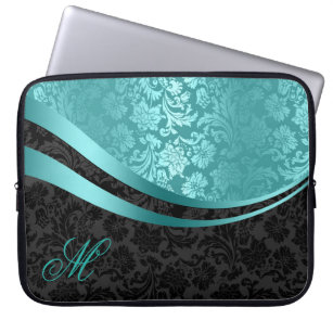 Elegant Black & Turquoise Damasks Dynamic Stripes Laptop Sleeve
