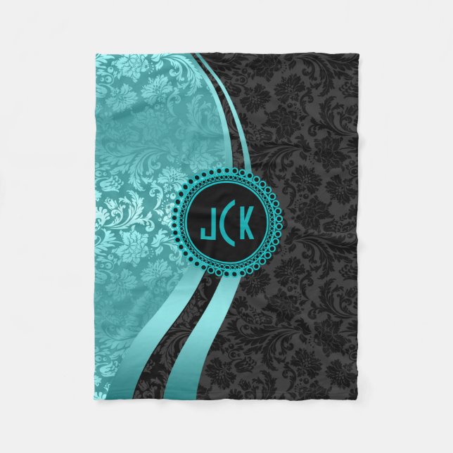 Elegant Black & Turquoise Floral Damasks Monogram Fleece Blanket (Front)