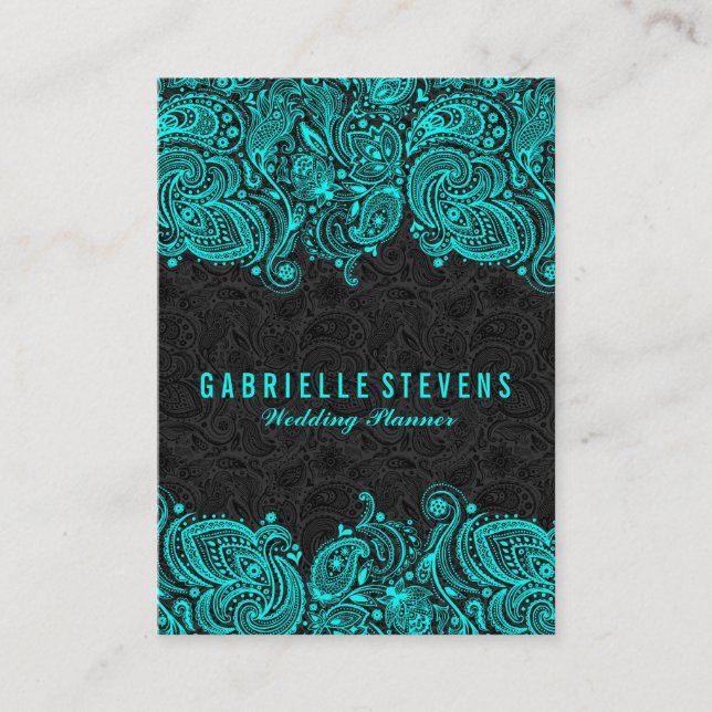 Elegant Black & Turquoise Wedding Planner Business Card (Front)