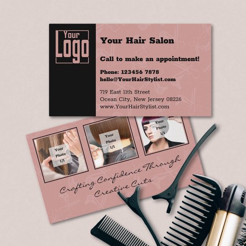 Elegant Black  Tuscany Pink Hair Salon Logo  Business Card