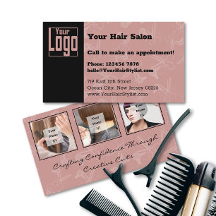 Elegant Black & Tuscany Pink Hair Salon Logo Business Card