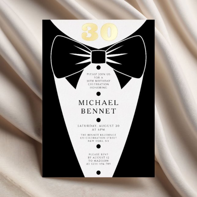 Elegant Black Tuxedo 30th Birthday Gold Foil Foil Invitation (Elegant Black Tuxedo 30th Birthday Gold Foil Foil Invitation)