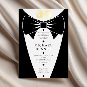 Elegant Black Tuxedo 30th Birthday Gold Foil Invitation
