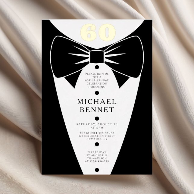Elegant Black Tuxedo 60th Birthday Gold Foil Invitation (Elegant Black Tuxedo 60th Birthday Gold Foil Invitation)
